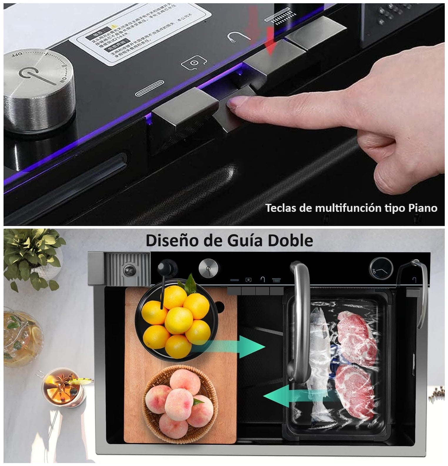 Fregador De Cocina Multifunción Nano Black Piano Switch 750X460x220mm Negro Plomo Fregadores Tinas De Cocina
