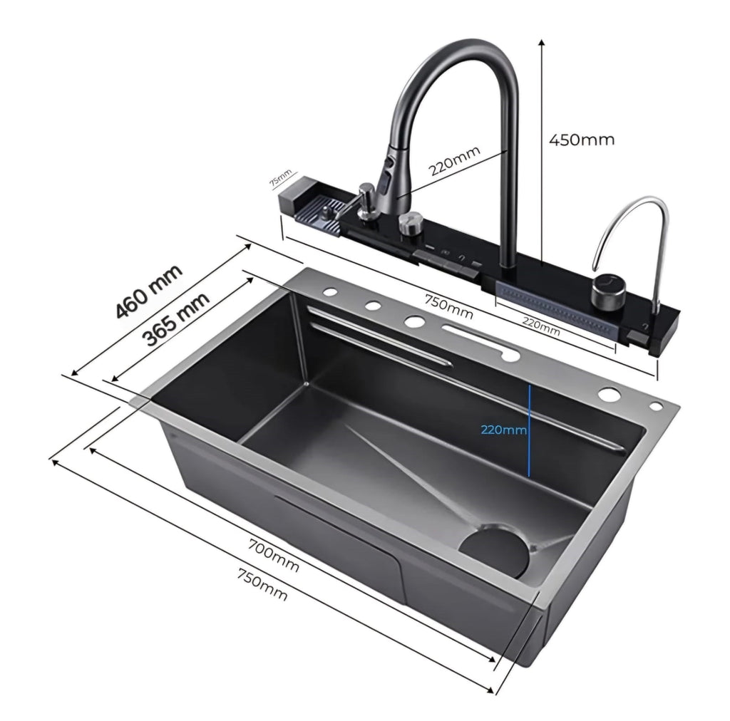 Fregador De Cocina Multifunción Nano Black Piano Switch 750X460x220mm Negro Plomo Fregadores Tinas De Cocina